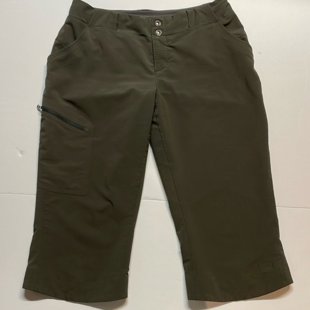 REI Pants Capri Women’s Olive Grey Cropped Snap Button Pocket Hiking Sz 4